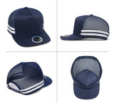 A navy blue trucker cap with mesh sides and a logo. Features two white stripes on the front panel.