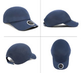 A blue cap made from 100% polyester, featuring a circular logo on the front and various angles displayed.