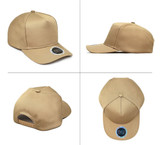 A tan polycotton cap featuring a circular logo, shown from multiple angles including the front, side, and back.