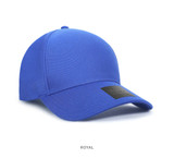 A royal blue cap made of 100% polyester with a logo on the front.