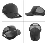 A black cotton and mesh cap with a curved brim and a logo on the front. It features a mesh back for ventilation.