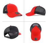 A red cap with a mesh back, featuring a logo on the front, displayed from multiple angles.