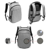 A grey anti-theft backpack with padded straps and a secure mechanism, featuring multiple angles and close-up details.