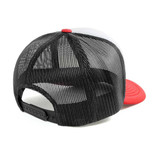 A red and white trucker cap featuring a mesh back and an adjustable strap. It has a logo on the front.