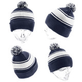 A navy and white beanie with a pom-pom on top, featuring striped patterns, displayed from multiple angles.