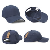 A navy cap featuring a branded logo, with views of the front, back, and inside.