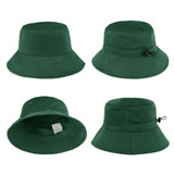 A green KINDY hat in multiple views, featuring a wide brim and an adjustable drawstring. It has a branding logo.