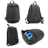 A black backpack with multiple compartments, features padded straps and mesh side pockets. Branding is visible.