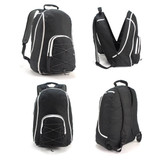 A black backpack with white accents features multiple compartments and adjustable straps, and has a logo.