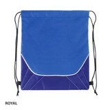 A royal blue drawstring bag with a contrasting purple base and white piping, featuring black drawstrings.