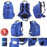 A blue Castell backpack with multiple compartments and padded straps, featuring a logo. Includes a three-year warranty badge.