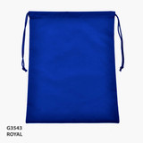 A royal blue drawstring bag with two cords and a simple design, featuring a branding logo.