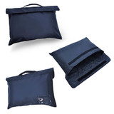 A navy blue Bryce Library Bag with handles, featuring a zip closure and an inner compartment. Includes a logo.