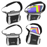 A black and grey laptop bag features a shoulder strap and is filled with colourful notebooks and folders. It has a logo.