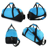 A blue and black duffle bag with a shoulder strap, featuring multiple angles and a branded logo.