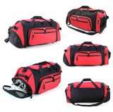 A duffle bag featuring black and red colours, with multiple zippered pockets and a removable shoulder strap.