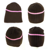 Acrylic cable knit beanie in brown with a pink stripe, featuring multiple views. Includes a logo.