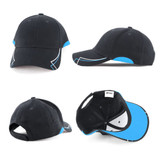 A black cap with blue accents, featuring a structured design and a logo on the front.