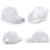 A white unstructured cap featuring a curved brim and an adjustable back strap. It has a logo on the side.