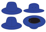 A blue foam hat with a wide brim, featuring ventilation holes and a circular base. It has a logo.