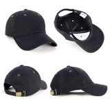 A black cap with a brass buckle and ventilation holes, featuring a logo on the inner side.