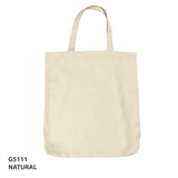 A natural-coloured canvas tote bag with sturdy handles and a simple design. Features a logo.