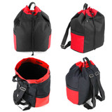 A black and red drawstring kitbag with a zippered pocket and an adjustable strap, featuring a logo.
