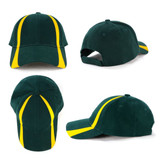 A green cap with yellow accents, featuring a curved brim and adjustable strap at the back. It has a logo.