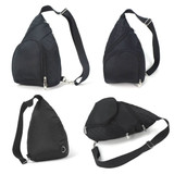 A black, triangular-shaped backpack with multiple zippered pockets and an adjustable strap, featuring a logo.