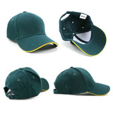 A green cap with a yellow trim, featuring a logo and multiple angles displayed, showcasing its design and structure.