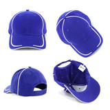 A purple cap featuring white accents, with a curved brim and an adjustable strap at the back. It has a logo.