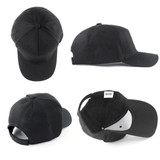 A black 5-panel cap made of 100% cotton, featuring a branding logo and multiple viewing angles.