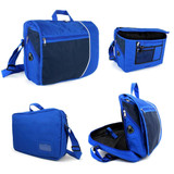 A blue laptop bag featuring multiple compartments, a shoulder strap, and a logo on the front.