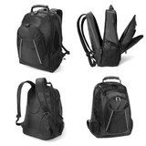 A black backpack featuring multiple compartments and padded straps, with a sleek design and a logo.