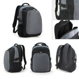 A grey and black backpack featuring multiple compartments and side mesh pockets. It has adjustable straps and a logo.