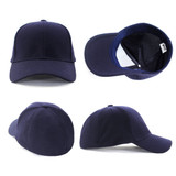 A navy blue mesh fitted cap displayed from various angles, featuring a logo on the front.