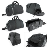 A black casual sports bag with multiple compartments, handles, and a shoulder strap, featuring a logo.