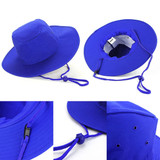 A blue Poly Cotton Slouch Hat with a wide brim and adjustable drawstring. Features ventilation holes and a logo.