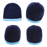 Acrylic two-tone beanie featuring a navy blue body with a light blue cuff. Displays multiple angles of the product.