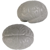 A gray brain-shaped stress reliever, featuring realistic details and a smooth texture, with a logo present.