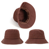 A brown bucket hat with a wide brim, featuring an interior lining and a logo.