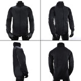 A black jacket with a zip front and high collar, featuring long sleeves and a sleek design. It has branding on it.