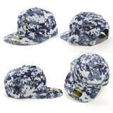 A patterned cap featuring shades of grey and blue, with a curved peak and a branded logo.
