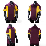 A polo shirt featuring maroon and yellow panels, displayed from four different angles. It has a logo on the front.