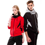 A red hoodie with black and grey accents and a black hoodie with grey accents, both featuring a logo.