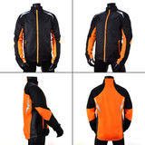 A black and orange Terrain Jacket featuring reflective details, displayed from multiple angles.