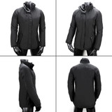 A black jacket featuring a zippered front, high collar, and multiple pockets, displayed from different angles.