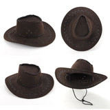 A brown cowboy hat with decorative stitching and ventilation holes, featuring a chin strap.
