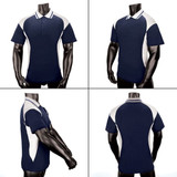 A navy blue polo shirt with white side panels and a collar, featuring a logo on the chest.
