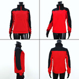 A red and black jacket with a zippered collar, featuring long sleeves and a modern design. It has a logo on it.